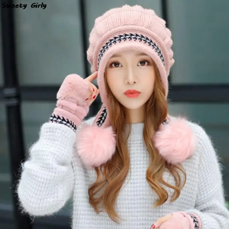 2024 Winter Knit Hat Women Rabbit Fur Bomber Plush Snow Hats Pompom Female Solid Hip-Hop Beanie Outdoor Ear Protection Cap New 6