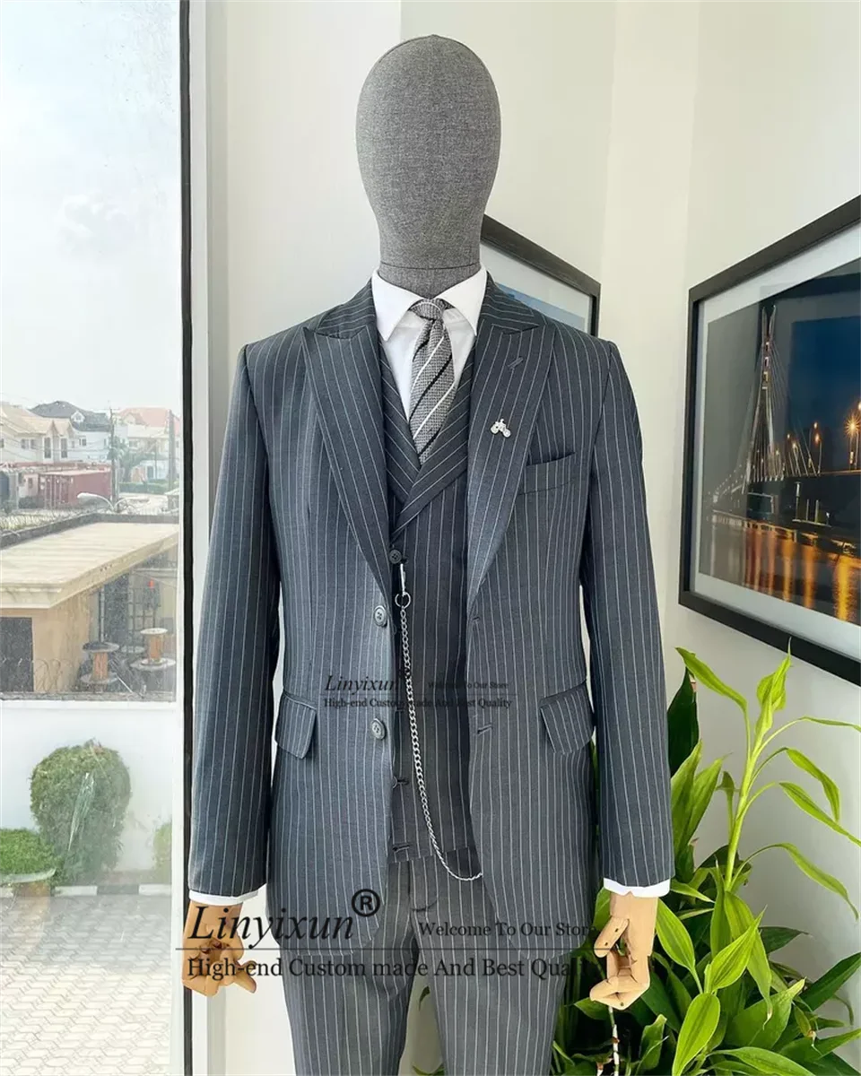 

Модные костюмы в полоску, мужской свадебный смокинг для жениха, деловой Блейзер, приталенный, 3 предмета, повседневный жакет, жилет, брюки, мужской костюм