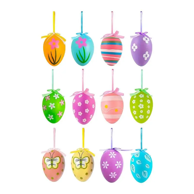 Tree Decorations Easter Egg Pendant 12X Hand Painted Artificial Eggs Easter Parties Decor Painted Eggs Ornaments Fake