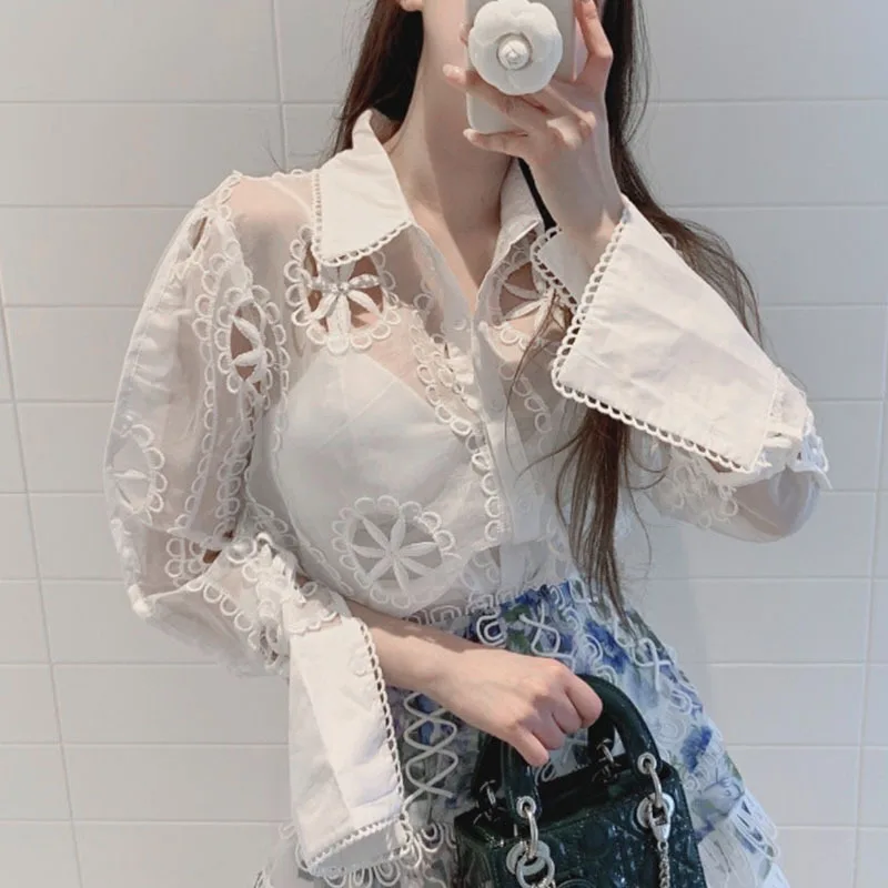 Women Lace See Through Blouse Casual Tops
