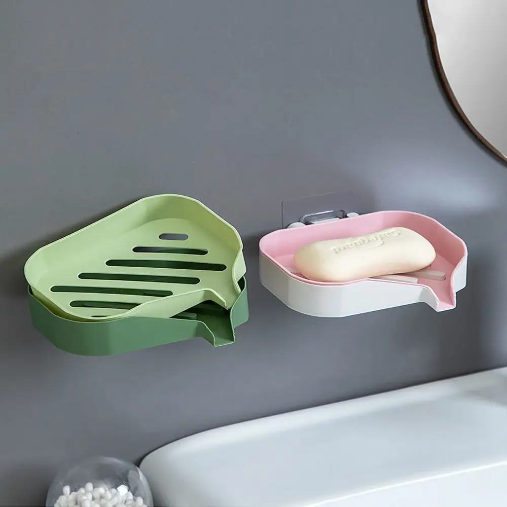 Plastic Double Layer Soap Holder Punch-Free Wall-mounted Drain Soap Dish Holder Removable Self Adhesive Soap Box Kitchen 4