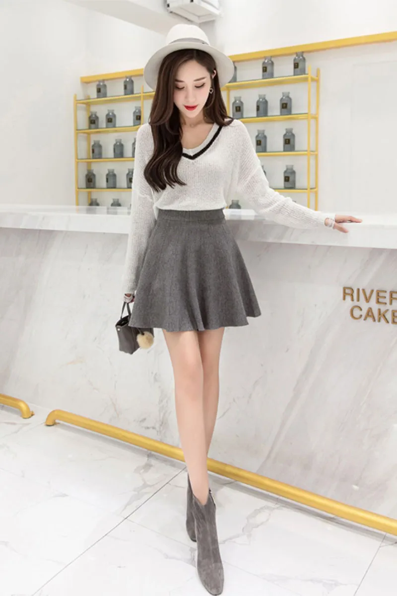 Solid Color Basic Knitted Mini Skirts Women New Autumn Winter Elastic Waist A-Line Skirts Ladies Korean All Match Pleated Skirt S9d086ec331c84f86b273a02fc1a134c3u
