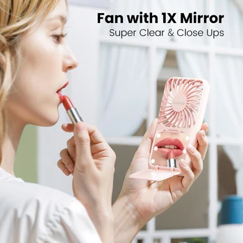 Handheld Mini Fan, 3 Speed Portable Lash Fan Makeup Mirror with LED Light, 2000mAh USB Rechargeable Personal Desk Fan with Stand 1