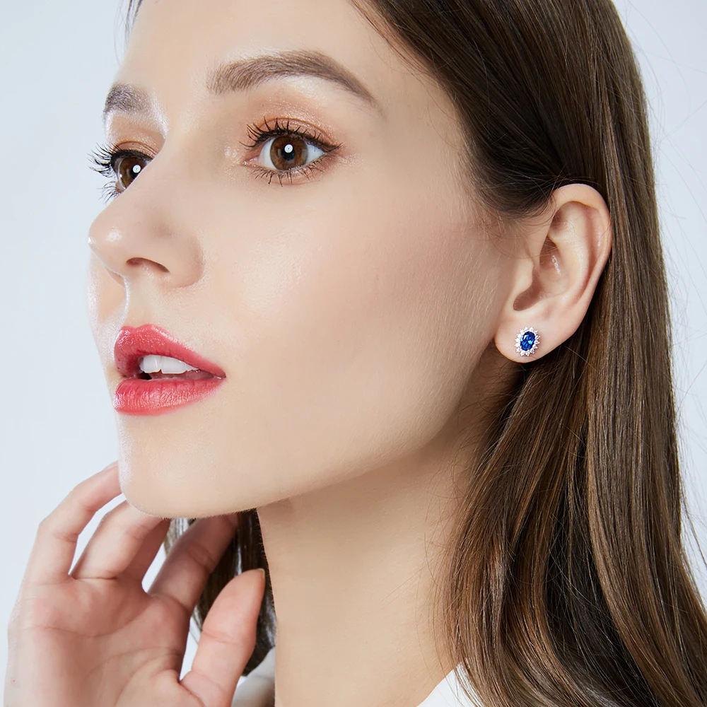 Orecchini in zaffiro blu di forma ovale Orecchini in argento con pietre sintetiche Diana Princess da sposa eleganti_voghion.com
