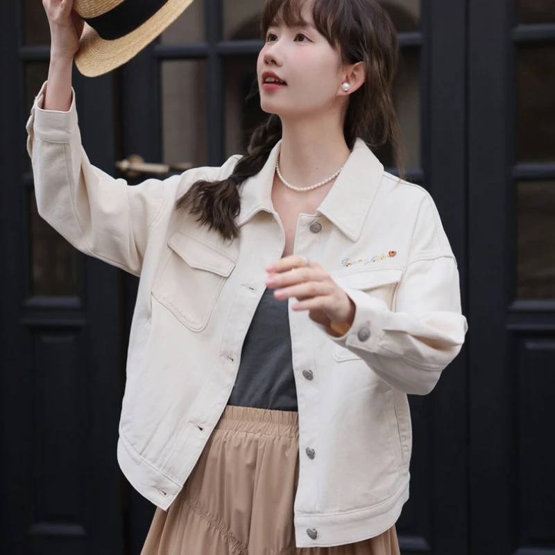 Embroidery Denim Short Jackets Women 2024 Spring New Loose Long Sleeve Single Breasted Korean Style Fashion Casual Coats Female