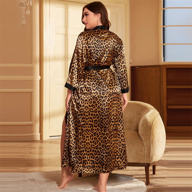 Leopard Print Pajamas Imitation Silk Nightgown Thin Long Sleeve Cardigan Lace up Bathrobe Loose Large Size Home Wear for Women