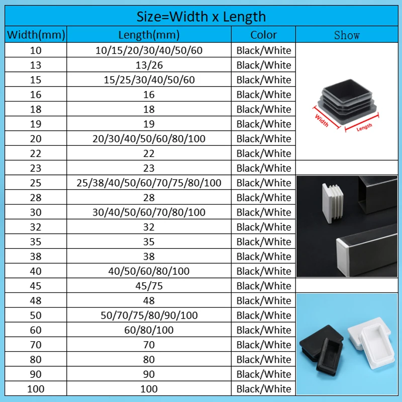 15x15mm100x100mm 흰색 플라스틱 사각/직사각형 튜브 내부 플러그 블랭킹 엔드 캡 미끄럼 방지 테이블 의자 발 커버