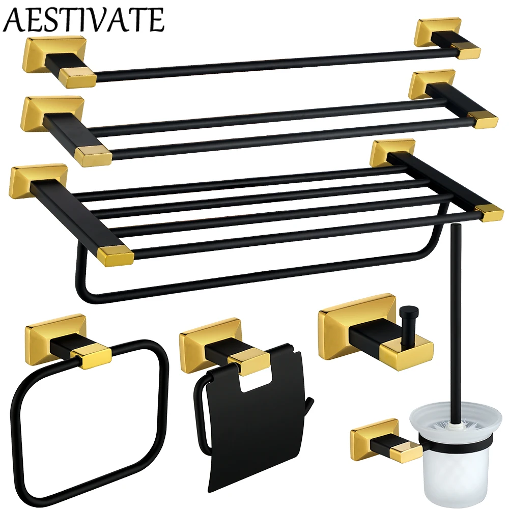 Schwarz-Goldenes Bad-Hardware-Zubehör-Set, Wandregal, Handtuchhalter, Bademäntelhalter, Papier-Toilettenbürste
