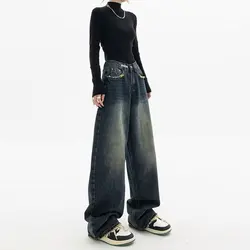 Harajuku Streetwear Retro Fashion Autumn Women High Waist Jeans Loose Wide Leg Straight Loose Denim Trousers Y2K Baggy Pants