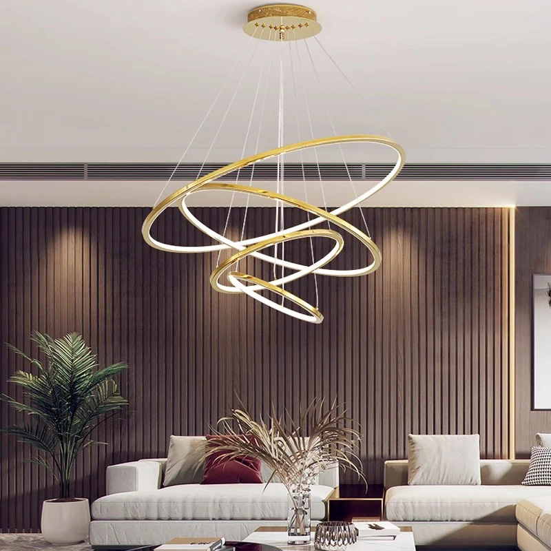 Ring lamp LED chandelier dining room bedroom duplex floor living room large chandelier staircase loft stainless steel metal rings metal rings for decoration