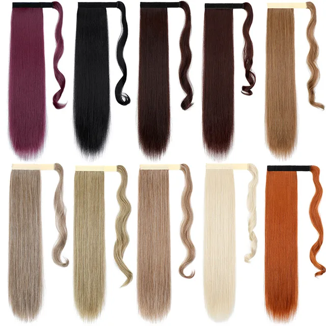 Long straight ponytail extensions wig synthetic hair women hairpiece wrap around ponytail clip in pony tail