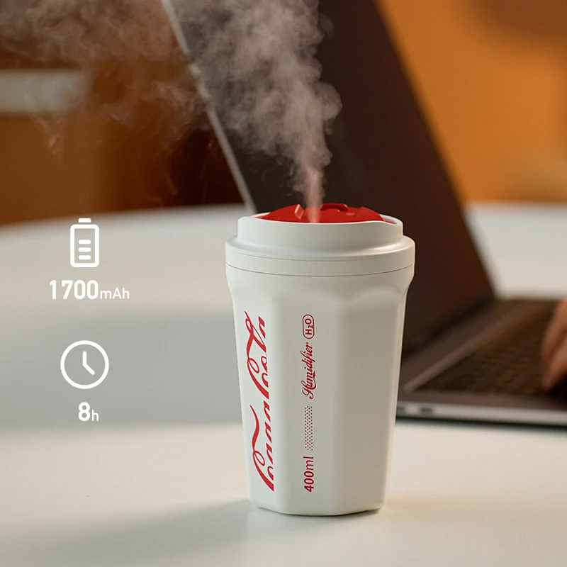 2022 Newest Coke Cup Humidifier Rechargeable 400ml Wireless Portable Flame Air Humidifier with Battery Home Car Aroma Diffuser