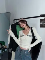 Femmes Sexy mince haut court rétro Graffiti imprimé élastique t-shirt côtelé à manches longues haut col en o Grunge t-shirt hauts 2