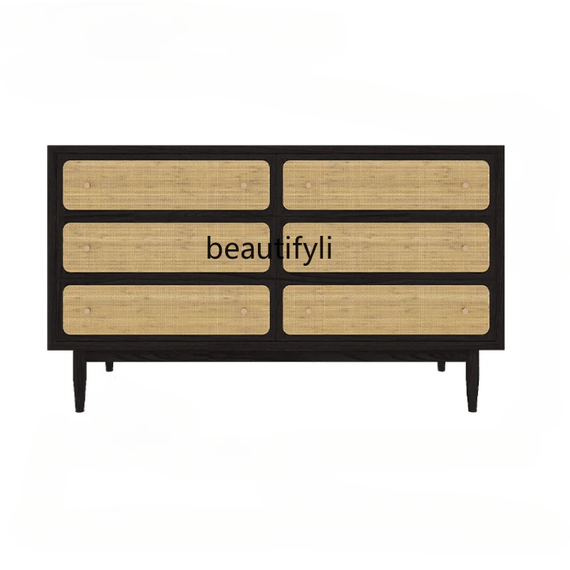 

Nordic Solid Wood Rattan Chest of Drawers Home B & B Living Room Bedroom Retro Storage Storage Drawer Sideboard Cabinet