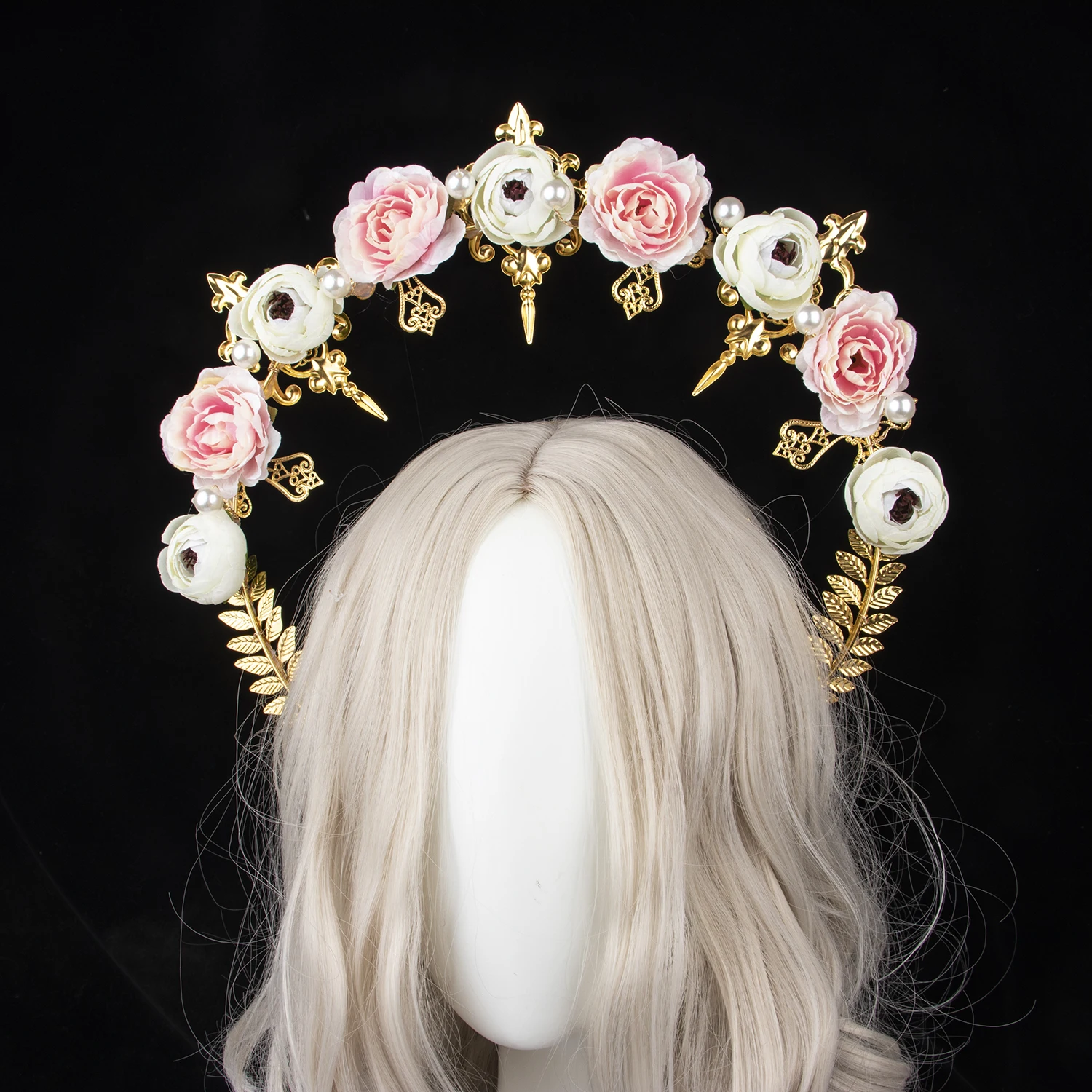 

Handmade Double sided Mary Goddess Halo Crown Boho Style Hair Wreath Floral Headpiece Halo For Wedding Party Festival Photos
