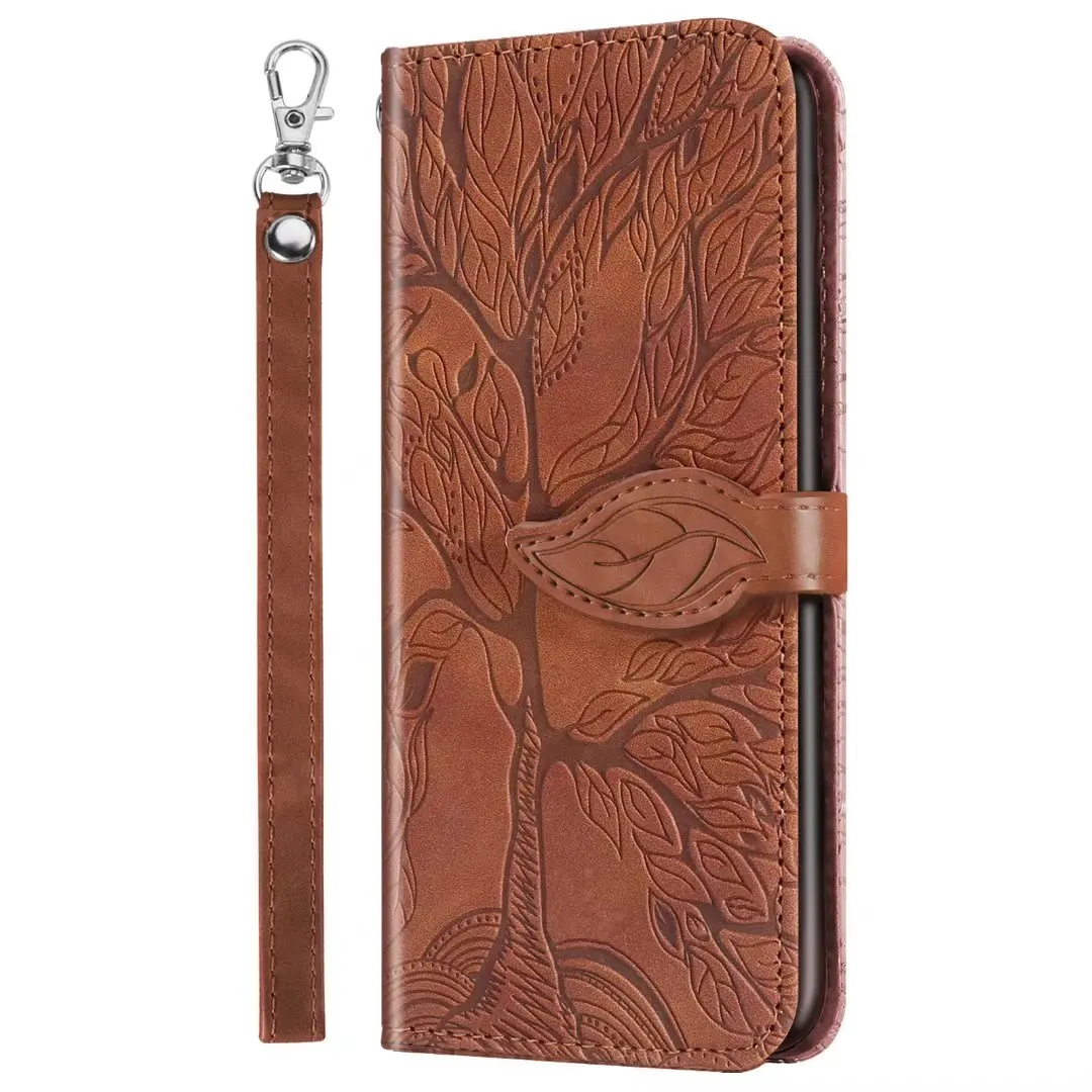 Embossed Tree Leather Phone Wallet Case - Premium Flip Cover