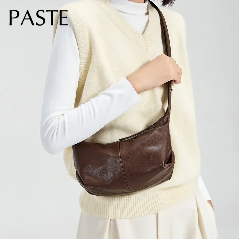 Meno è più stile minimalista color caffè Hobo Tote Borsa a tracolla da donna in pelle di mucca conciata al vegetale Borsa con manico regolabile - immagine 2