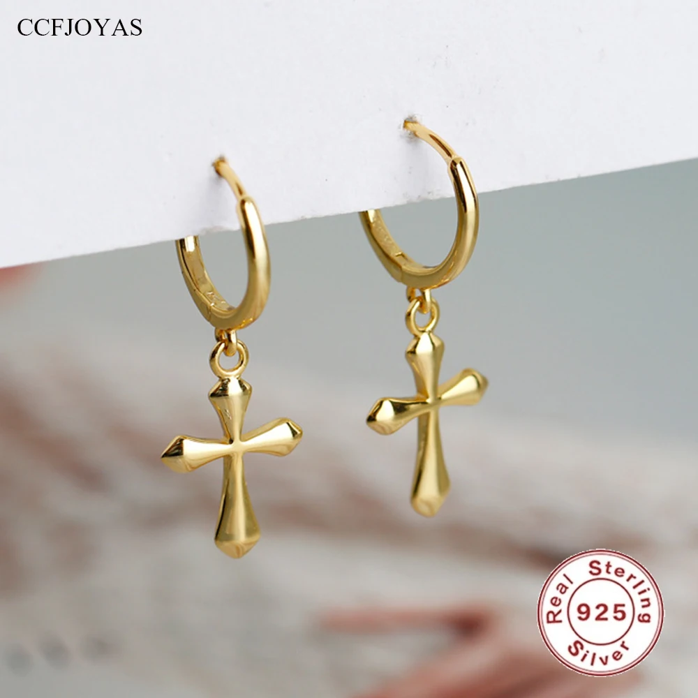 

CCFJOYAS European and American Cross Earrings 100% 925 Sterling Silver Drop Earrings Light Luxury Gold Silver Jewelry