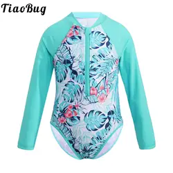 Kids Girls One Piece Swimsuit Rash Guard Beachwear Long Sleeves Floral Printed Zippered Swimwear Children Swimming Bathing Suit