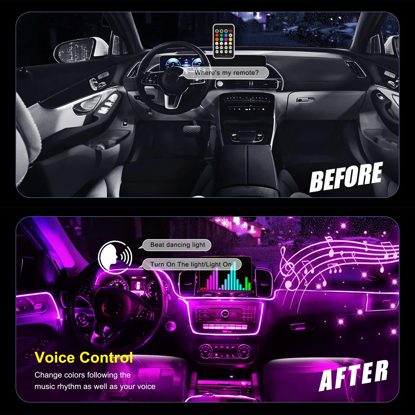 4in1 Interior car led lights ambiente light APP Wireless remote control auto  neon light car interior light strip Foot Spotlights - AliExpress