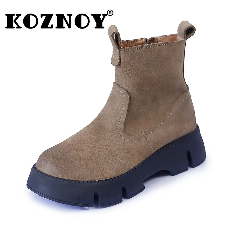 

Koznoy 4cm New Full Cow Sewing Genuine Leather Platform Wedge Autumn Spring Ankle Motorcycle Booties Women zipper Non Slip Shoes