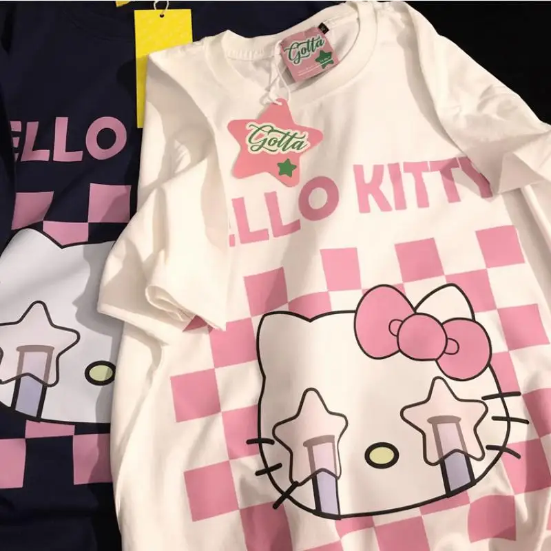 

Sanrio Hello Kitty Heavy Pure Cotton Japanese Ins Cute Cartoon Printing Short Sleeves T-Shirt Female Student Summer Loose Jacket