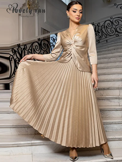 Fashion Satin Tops Skirts Set Women's Solid V-Neck Long Sleeve Ruched Top High Waist Pleated Skirt 2025 Summer Lady Elegant Suit 6 Fashion Satin Tops Skirts Set Women's Solid V-Neck Long Sleeve Ruched Top High Waist Pleated Skirt 2025 Summer Lady Elegant Suit 6