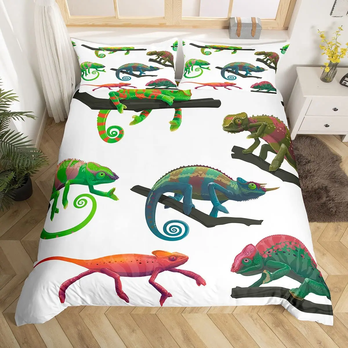 

Lizard King Queen Duvet Cover Cute Chameleon Bedding Set Creature Reptile Quilt Cover Cartoon Animal Polyester Comforter Cover