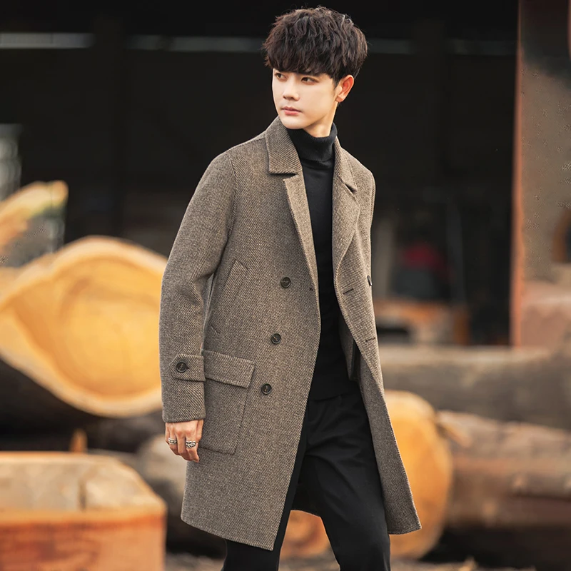 

2022 Men Autumn Winter Fashion Long Wool Blends Jackets Mens Casual Woolen Trench Coats Male Solid Color Loose Overcoat N67