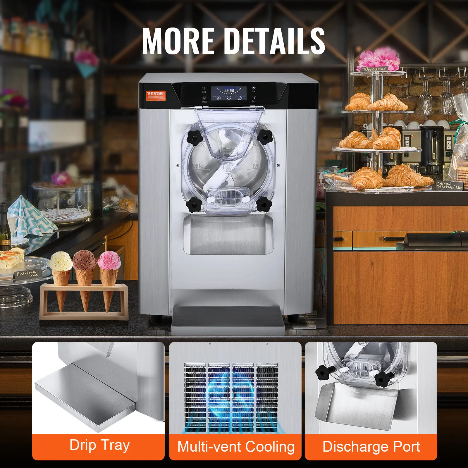 VEVOR 4.5L Commercial Ice Cream Machine 1713W Single Flavor Countertop Hard Serve IceCream Maker for Restaurant Snack Bar 6