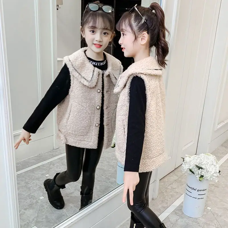 

2023 Autumn Winter Baby Lamb Wool Plus Velvet Waistcoat Girls Boys Plush Vest Single Breasted Child Warm Fashion Warm Coat Q16