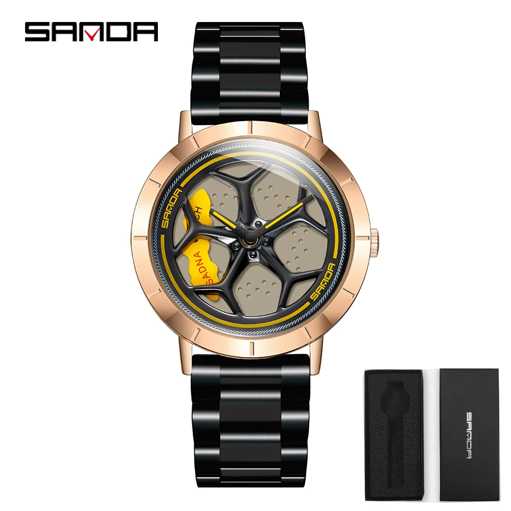 New Hot Sell Fashion Men Watches Sport Car Wheel Rim Hub Men Quartz Watch Leather Waterproof Creative 360 Degree Rotating Clock 