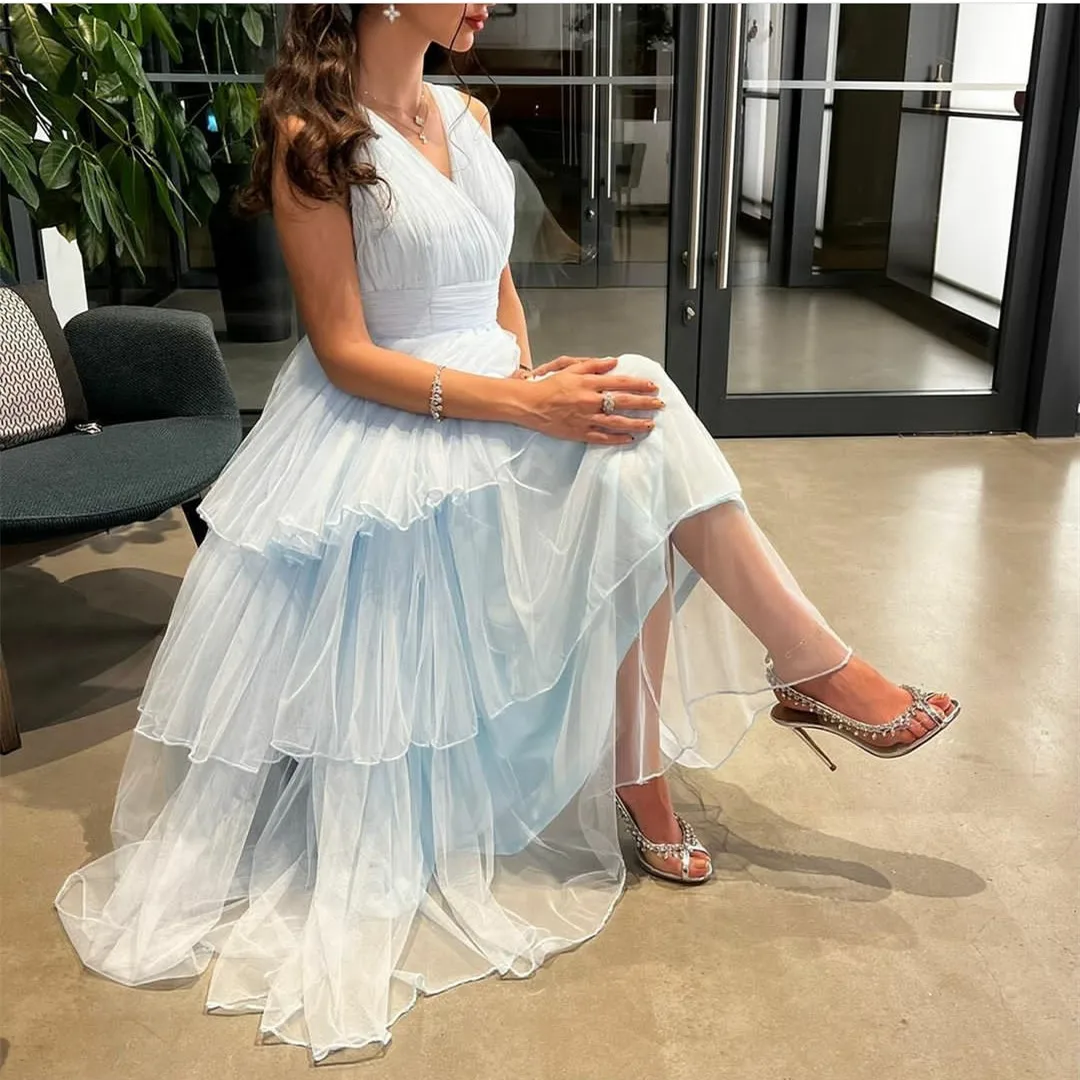

Vintage Long Light Blue Evening Dresses A-Line Tulle Robes de soirée Zipper Back Arabic Formal Party Dress for Women