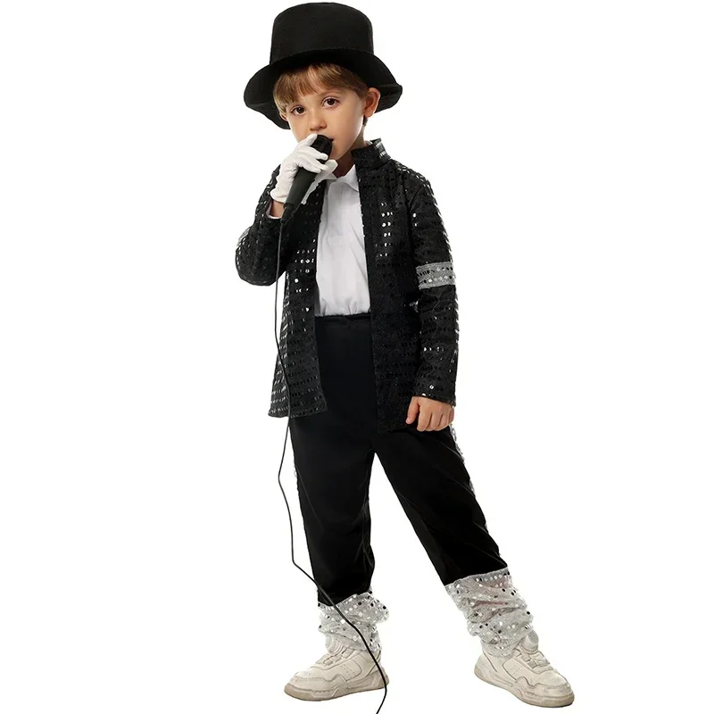 Boy Michael Jackson Billie Jean Cosplay Black Suit Dance Disco Halloween Fancy Dress Up 80s Pop King Costume for Kids2&jN Cosshe