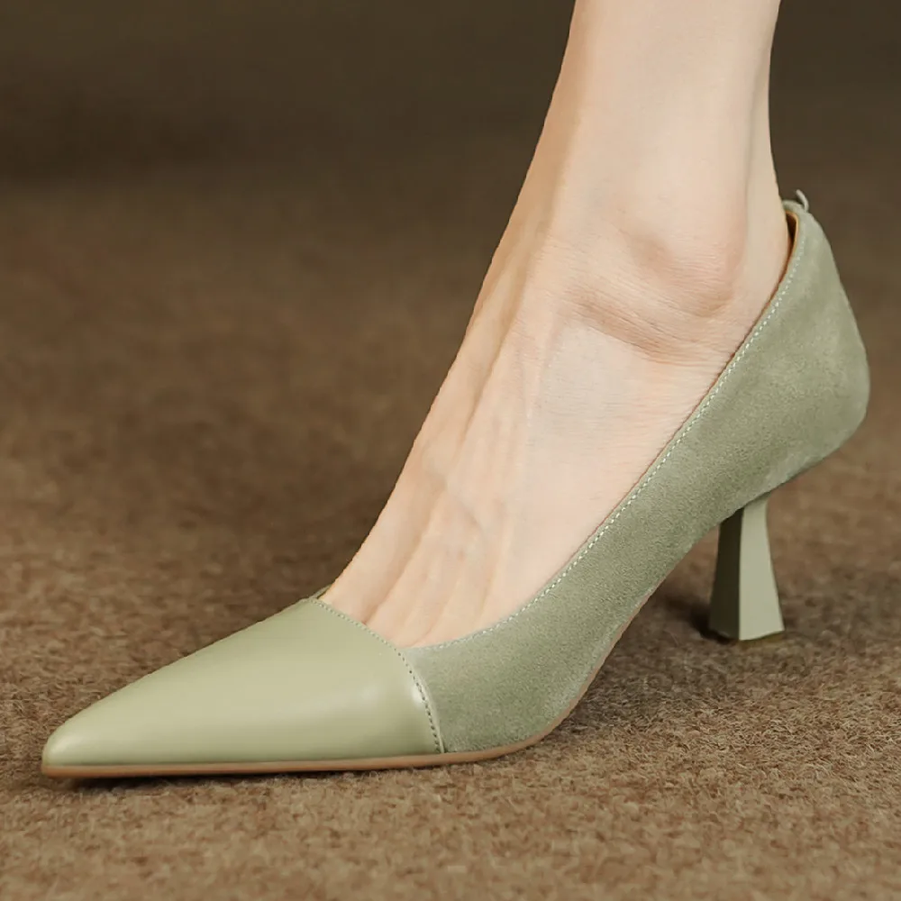 

Women's cow leather suede leather thin high heel pointed toe slip-on pumps elegant ladies OL style daily heeled shoes for women