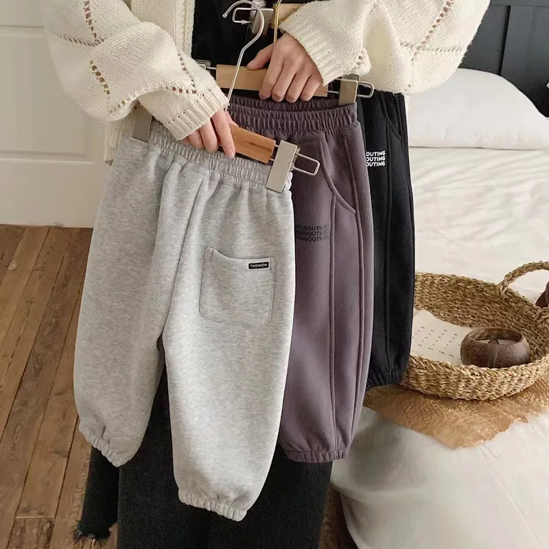 5133 Children Plus Velvet Pants Autumn Winter Thick Trouser Solid Color Boys Casual Pants Sport School Baby
