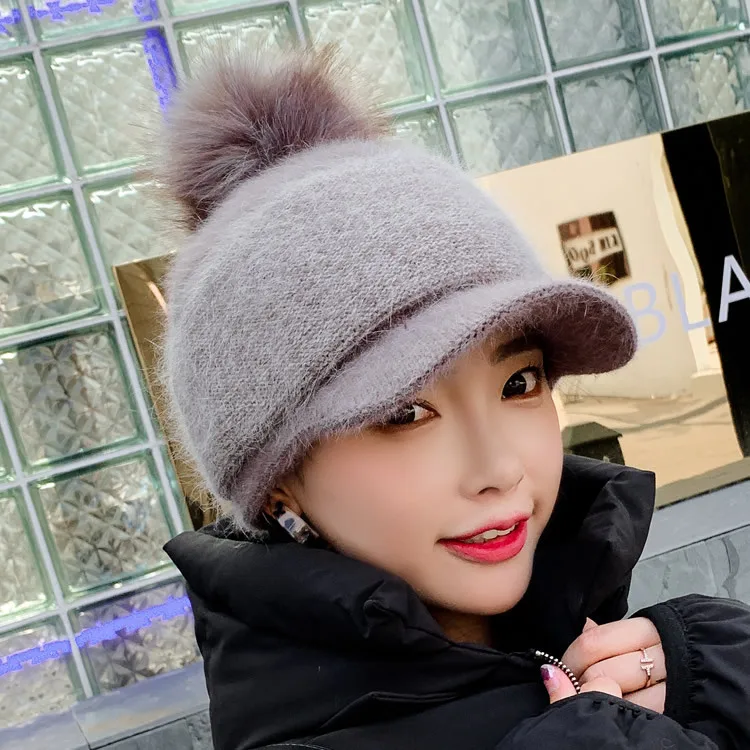 Winter Warm Baseball Cap Women Thick Warm Fuzzy Knit Beanie Cap with Visor Bill Cute Pompom Cold Weather Windproof Baseball Hat 5