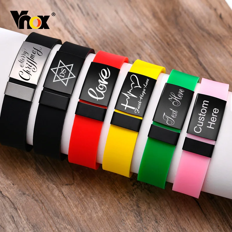 Vnox-Bracelets d'identification gravés personnalisés pour hommes et femmes, bracelet en silicone décontracté avec étiquette de logo médical en acier inoxydable, longueur réglable