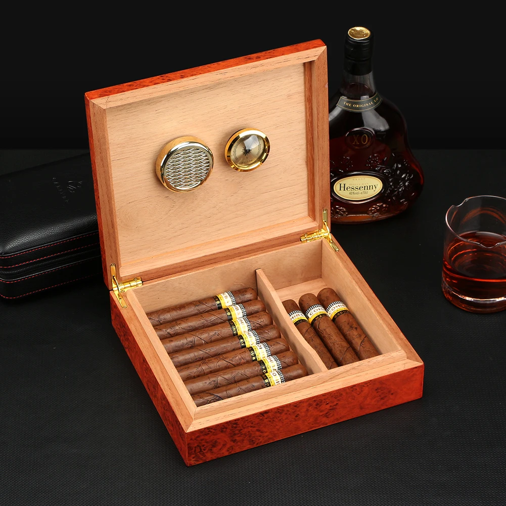 Cedar Wood Cigar Humidor Box Home Large Capacity Luxury Glossy Cigar Case  W/ Hygrometer Humidifier Storage Cigar Box