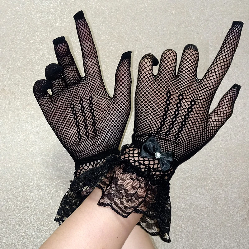 

2022 New Women Black White Summer Fishnet Driving Gloves anti-UV Mesh Gloves Lace Mittens Full Finger Girls Ruffles Gloves