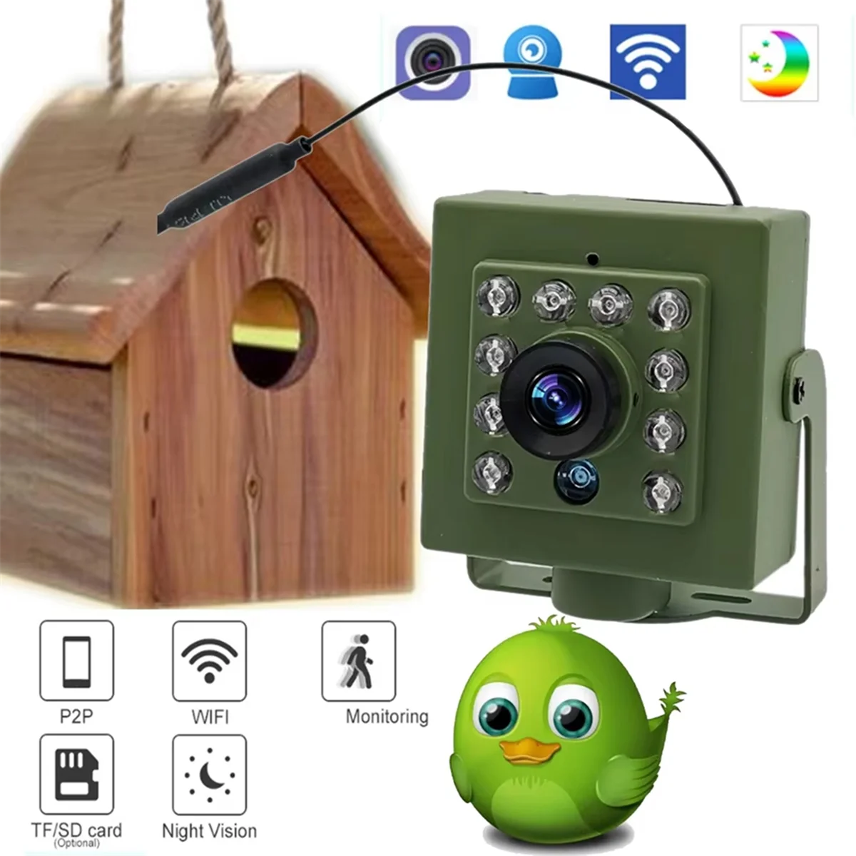 새로운 녹색 와이파이 새집 카메라 1920P 1080P IR 컷 야간 투시 미니 IP IPC 애완 동물 둥지 조류 관찰 2.8mm 렌즈 DC 12V 2A 2MP