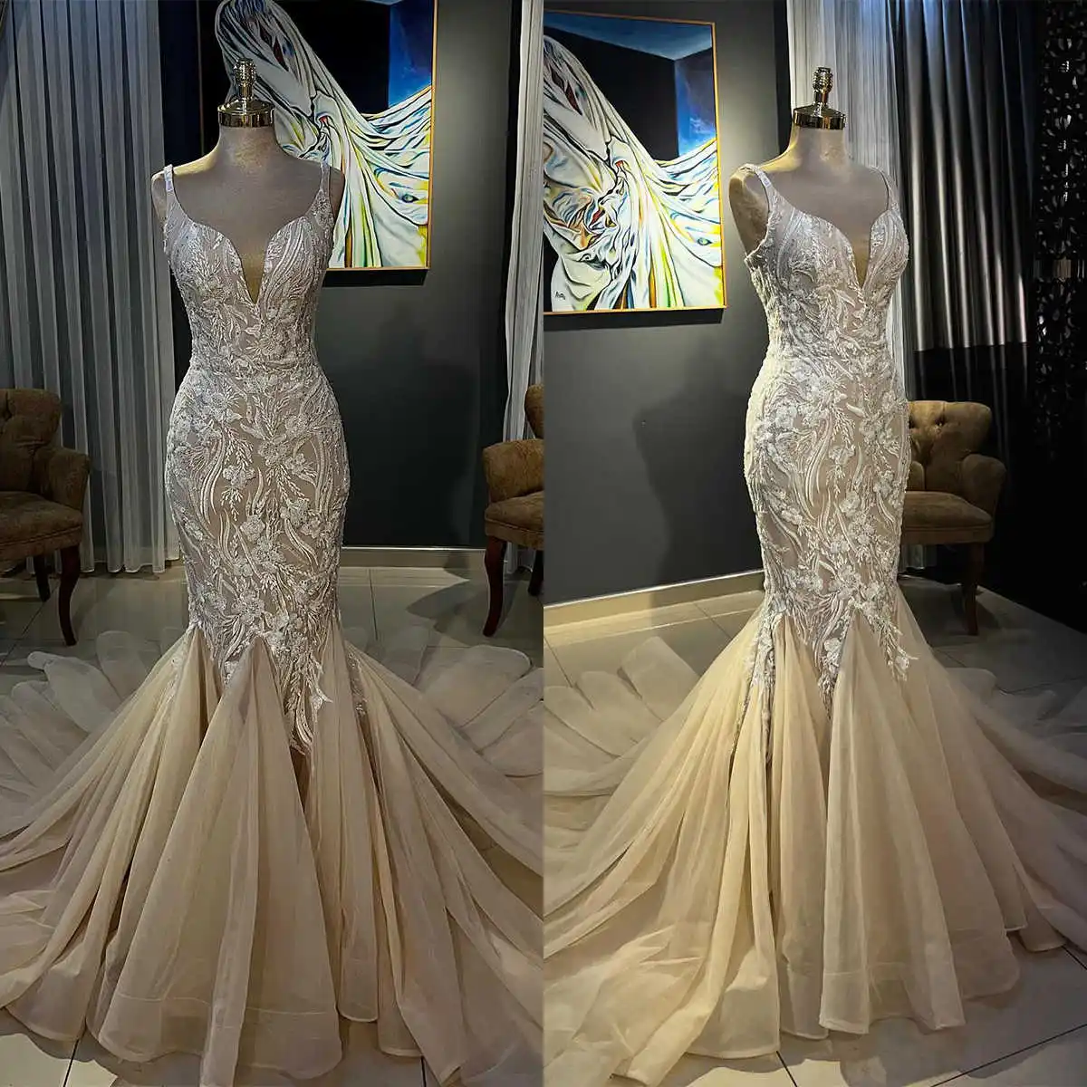 

Vintage Champagne Mermaid Wedding Dresses 3D Floral Appliques Bridal Gowns Wedding Ceremony Plus Size vestido de novia