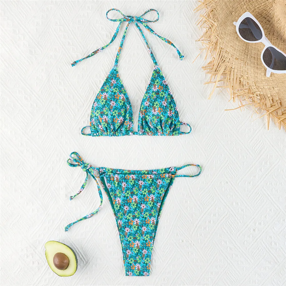 

Floral Print Swimwear String Halter Triangle Micro Bikini Thong Mini Sexy Swimsuit Women Two Piece Bikinis Set 2024 Mujer Bather