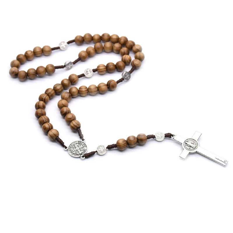 Handmade Round Bead Rosary Necklace for Men with Cross Jesus Pendant