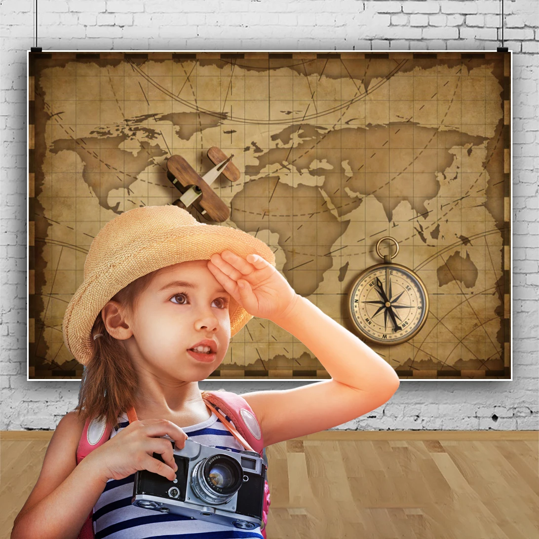 Photo Backdrop Vintage World Map Backdrop Pirate Airplane Compass World Travel Kids Boy Birthday Party Baby Shower Photography Background Prop