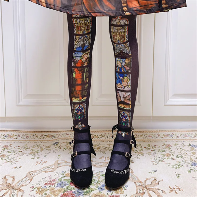 

Black Tights the Madonna or Angel Print ;Lolita Pantyhose