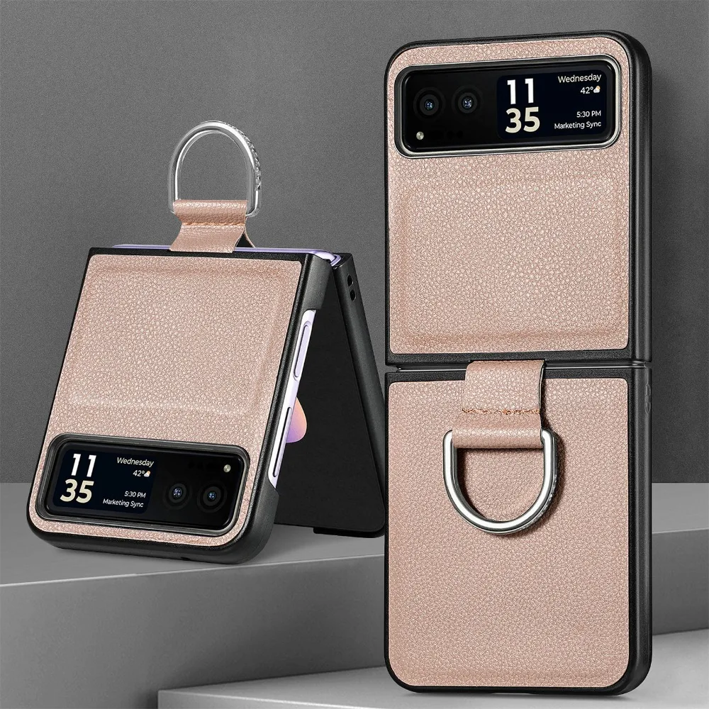 Elegant Lychee Pattern PU Leather Folding Phone Case with Ring
