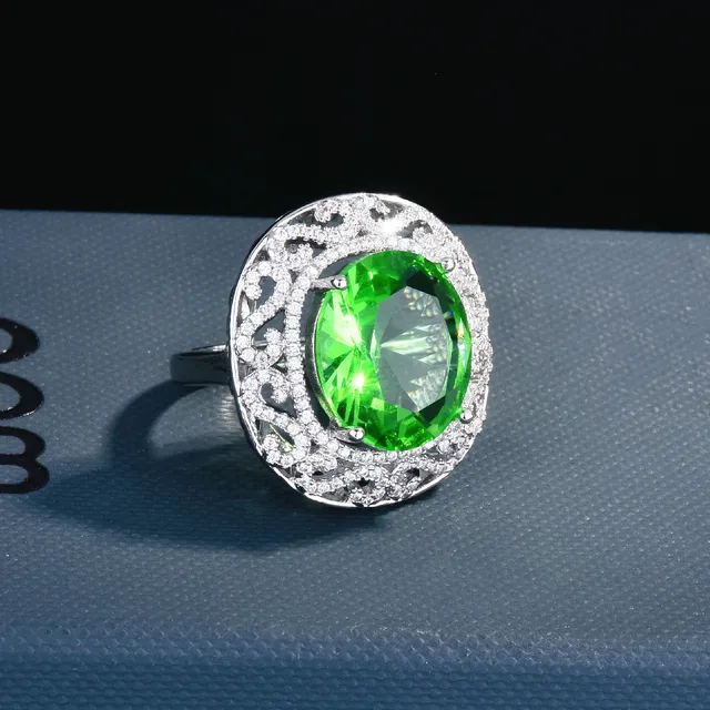 婚約指輪,大きいサイズ,15個,明るい緑色の石,楕円形のリング,シルバー ...
