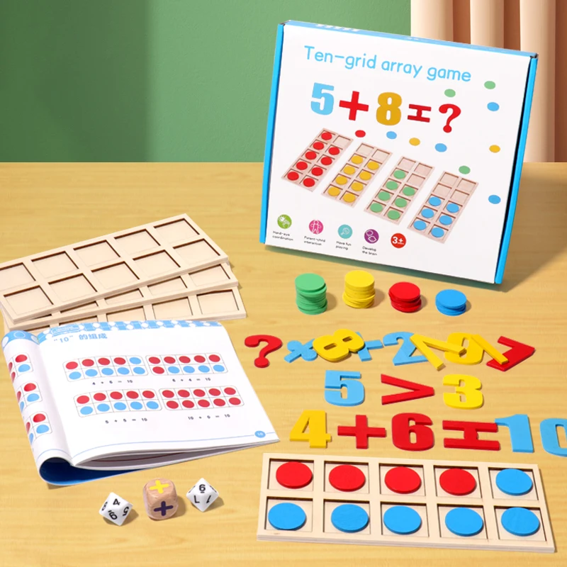 Montessori Digital Card Ten-grid Array Game Math Toys Wooden Addition Subtraction Teaching Aids Kids Education Logical Thinking