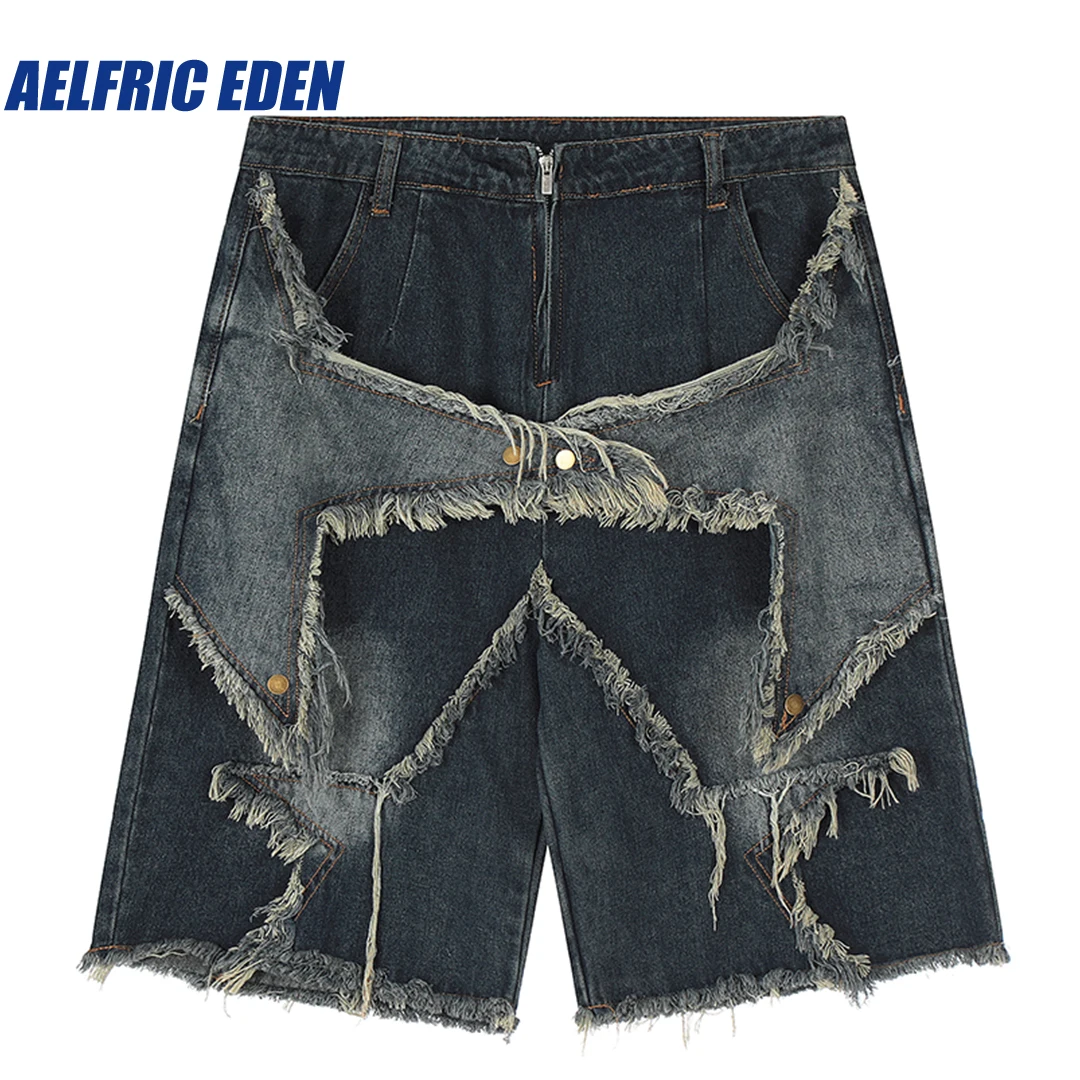 Aelfric Eden Vintage Starry Fringe Hem Denim Shorts Y2K Men Hip Hop Streetwear Shorts 2023 Harajuku Casual Summer Sweatpants